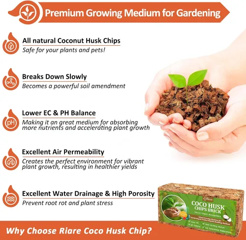 Vista 3 de Riare Paquete de 2 sustratos de chips de coco para plantas, 2.2 libras, ladrillo de cáscara de coco 100% orgánico con baja EC y pH equilibrado