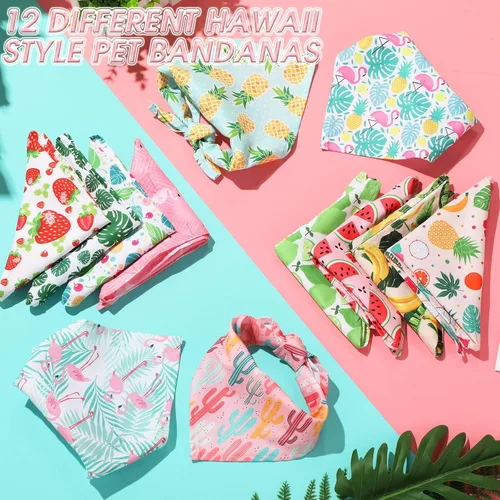 Vista 3 de Weewooday Pañuelo grande para perro, bufanda de verano para perro, bufanda triangular hawaiana, ajustable, lavable, pañuelo para mascotas