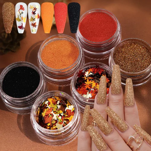 Lentejuelas con purpurina de hoja de arce 3D de otoño para Acción de Gracias, polvo de purpurina de uñas de 4 colores, calcomanías de uñas de otoño