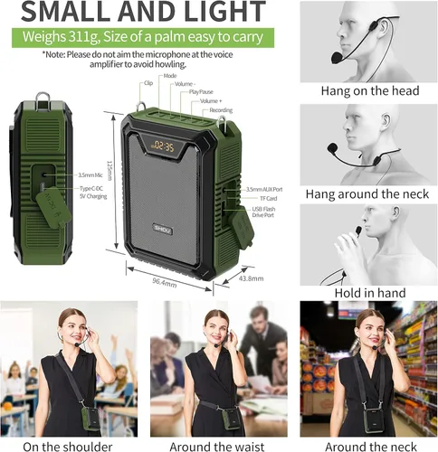Vista 7 de SHIDU Amplificador de voz Micrófono de 18 W con altavoz IPX5 impermeable megáfono portátil Sistemas PA de 2500 mAh batería recargable