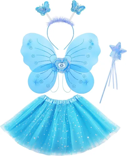Vista 9 de 4 piezas de disfraz de hada de mariposa para niñas, conjunto de disfraz de princesa con alas, falda tutú, varita para niñas de 3 a 8 años, rosa