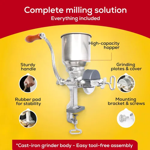 Vista 4 de Molinillo de maíz Corona con tolva alta, molino de granos, molinillo manual para maíz, arroz, soja, pimienta, garbanzos, molinillo de trigo