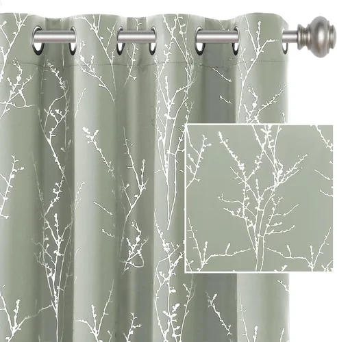 H.VERSAILTEX Cortinas opacas para dormitorio, con estampado de ramas de árbol, con aislamiento térmico y ojales, cortinas de ventana gruesas y Salvia