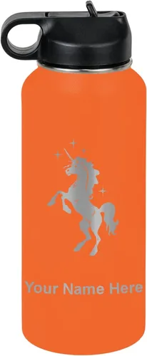 Vista 50 de LaserGram Botella de agua de doble pared abatible de 12 onzas con pajita, unicornio, grabado personalizado incluido (rosa)