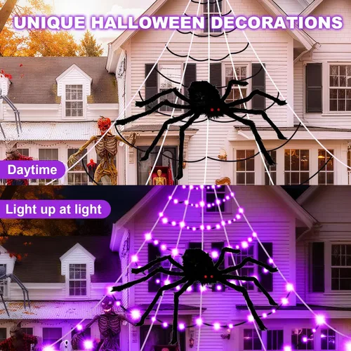 Vista 6 de Decoraciones de telarañas de Halloween para exteriores, 19.7 x 14.8 pies, tela de araña gigante con 250 luces LED moradas, telaraña negra triangular