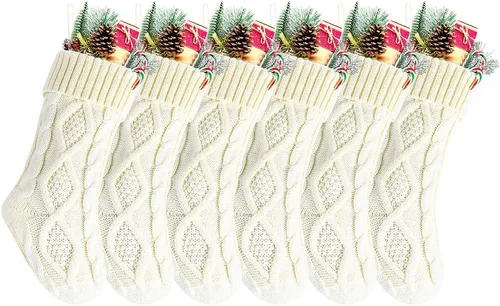 Vista 19 de Paquete de 6, 14" Medias de Navidad de Punto Únicas Color Borgoña y Blanco Marfil Estilo2