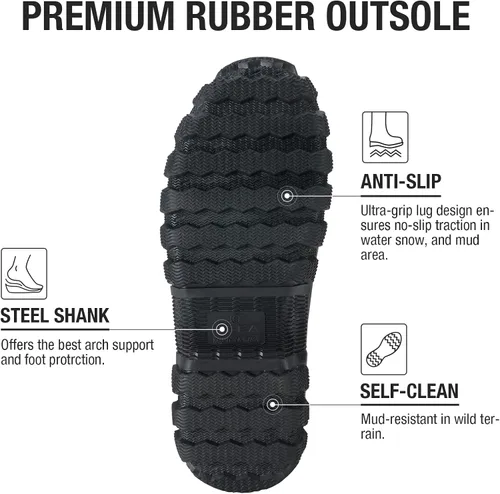 Vista 3 de HISEA Botas de lluvia mejoradas para hombre, impermeables, aisladas, de goma, botas de caza de barro, pantorrilla ajustable