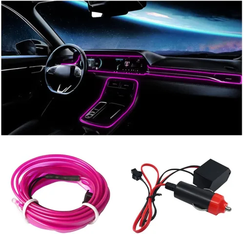 Vista 7 de Tira de luces LED para interior de automóvil con cable EL, luz de neón de 16 pies con borde de costura para encendedor de cigarrillos, kits