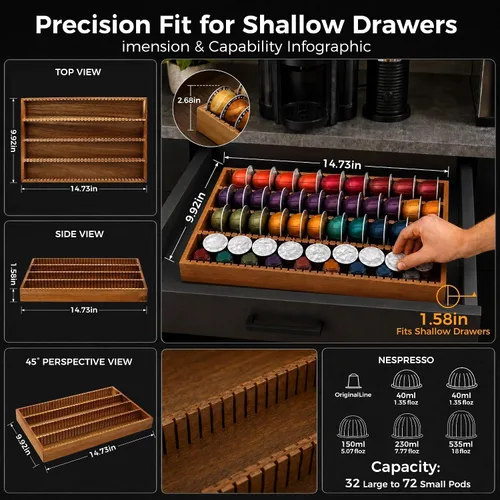 Vista 3 de MinBoo Soporte de bambú para almacenamiento de cápsulas de café para mostrador compatible con Nespresso Vertuo Vertuoline Cápsulas para cocina