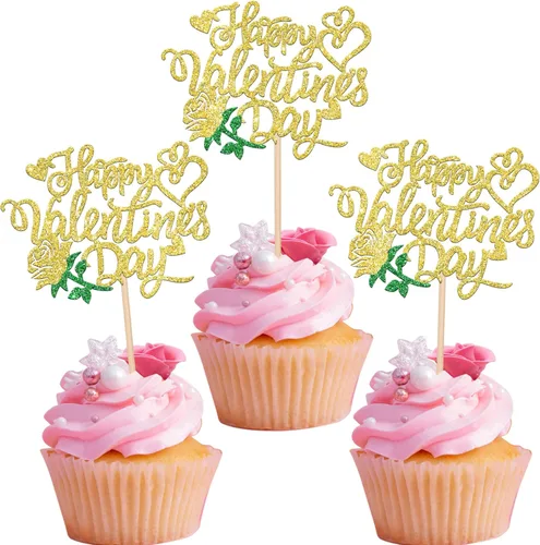 Vista 11 de 24 piezas de decoración para cupcakes con purpurina de dulce amor corazón Be Mine San Valentín para el día de San Valentín, fiesta de cumpleaños