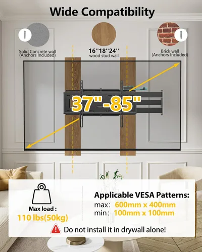 Vista 8 de Soporte de pared para TV de brazo extra largo de 48 pulgadas con tira de alimentación, soporte de pared de TV de movimiento completo resistente