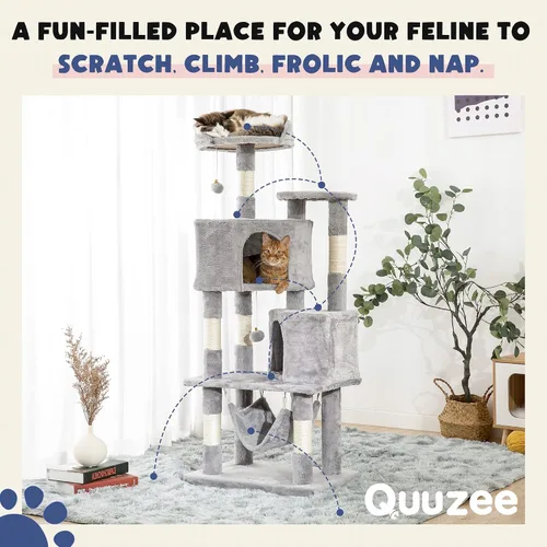 Vista 2 de Árbol para gatos de interior Torre alta para gatos de varios niveles con condominios, postes rascadores de sisal y hamaca, percha superior