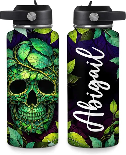 Vista 8 de Hyturtle Botella de agua personalizada de calavera – Botella de acero inoxidable aislada de viaje con tapa a prueba de fugas, 18 onzas, 32 onzas