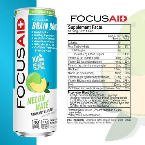 Vista 2 de Fórmula FOCUSAID Energy - Bebida con nootrópicos para combustible cerebral, alfa-GPC, GABA, complejo B, yerba mate, té verde, 100% limpia, 100 mg