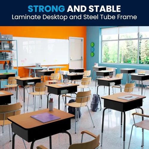 Vista 25 de EMMA + OLIVER Buckley - Escritorio para estudiantes, parte superior con acabado de granito sintético gris, marco de metal plateado, caja frontal