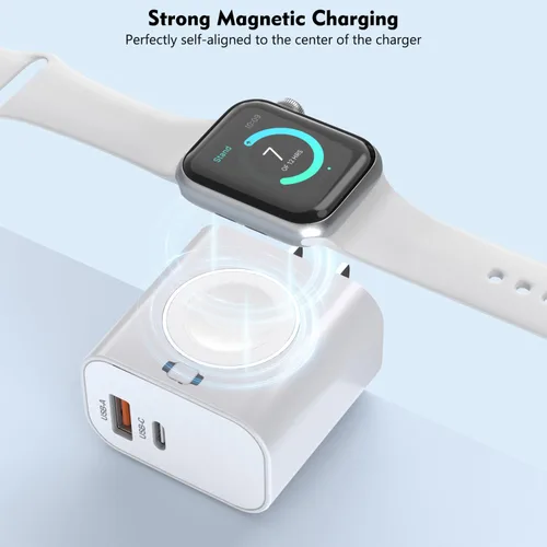 Vista 5 de Cargador de Apple Watch, magnético inalámbrico para carga de Apple Watch, paquete de 23 W de doble puerto (USB-C + USB-A), bloque de carga rápida