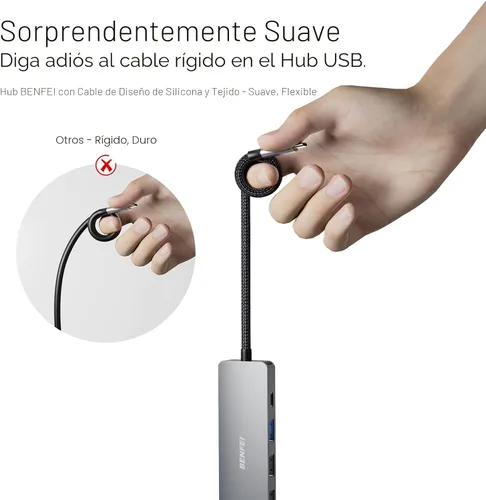 Vista 2 de BENFEI Hub USB C 5 en 1 con HDMI 4K (certificado), entrega de energía de 100W, 3 USB-A, cable de silicona, carcasa de aluminio compatible