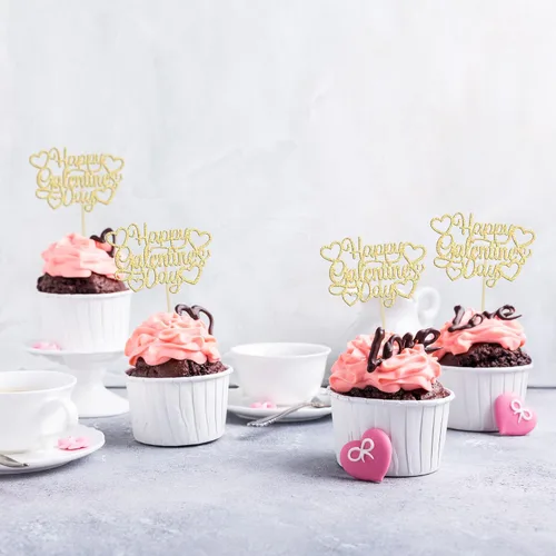 Vista 6 de 24 piezas de decoración de cupcakes con purpurina dorada para el día de San Valentín, temática de San Valentín, fiesta de cumpleaños, suministros