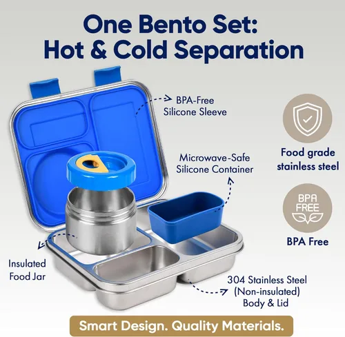 Vista 2 de Lonchera Bento de acero inoxidable con tarro de alimentos aislado de 8 onzas, 54 onzas, resistente a fugas, 3 compartimentos, contenedor de comida