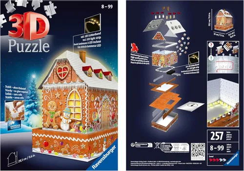 Vista 7 de Ravensburger - Casa de pan de jengibre 3D con luces - Rompecabezas de 216 piezas - Casa tradicional de pan de jengibre con base resistente e