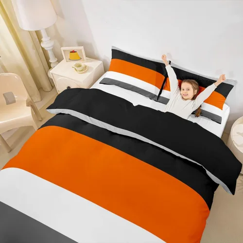Vista 5 de Juego de ropa de cama con diseño de rayas geométricas de retazos, color naranja, gris y negro, funda de edredón a rayas blancas y gris claro