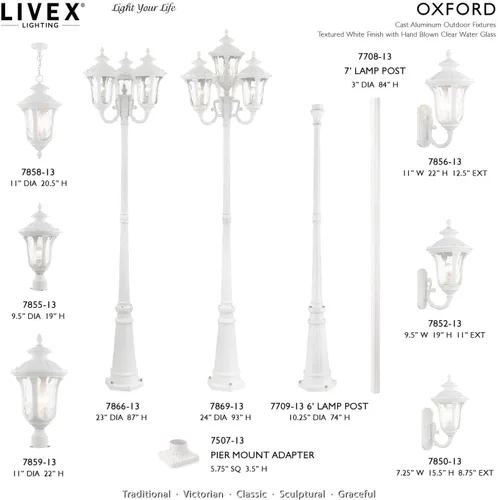 Vista 7 de Livex Lighting 7866-13 7866-03 Soporte de poste tradicional para exteriores de tres luces de la colección Oxford en acabado blanco