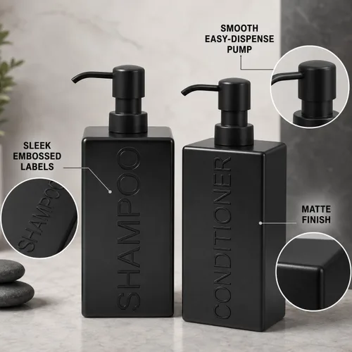 Vista 7 de Dispensador rectangular de resina para baño, champú y acondicionador de baño, botella de lavado corporal, diseño moderno de bomba recargable Negro