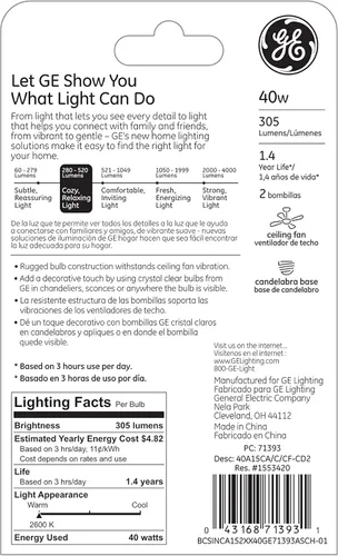 Vista 3 de GE Lighting A15 Decorativa - Bombillas incandescentes para ventilador de techo, 40 W, cristal transparente, paquete de 2