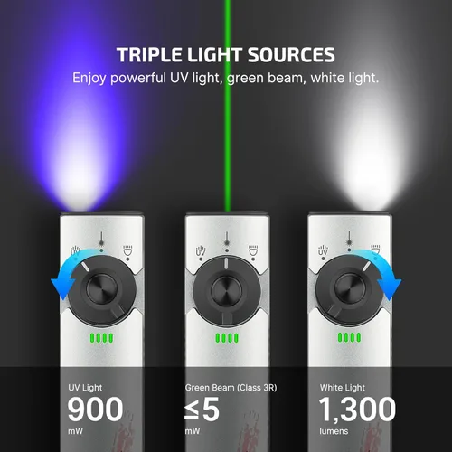 Vista 3 de OLIGHT Arkfeld Pro - Linterna plana recargable EDC con haz verde, combo UV y LED blanco, 1300 lúmenes, luces de bolsillo portátiles, triple fuente