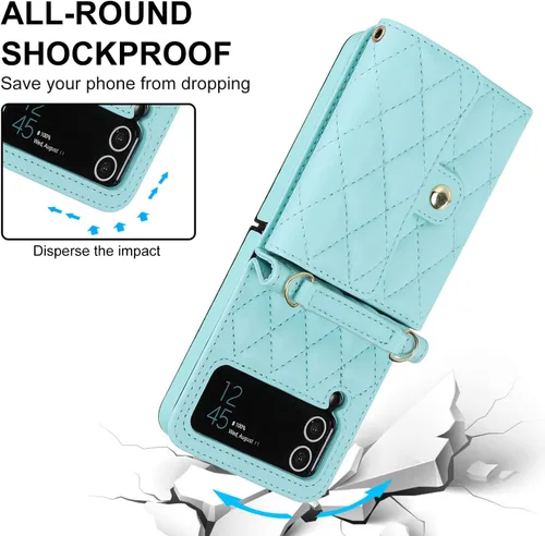 Vista 5 de Asuwish Funda para teléfono Samsung Galaxy Z Flip 4 5G 2022 con bloqueo RFID, correa cruzada para muñeca, soporte para tarjeta de crédito, cordón