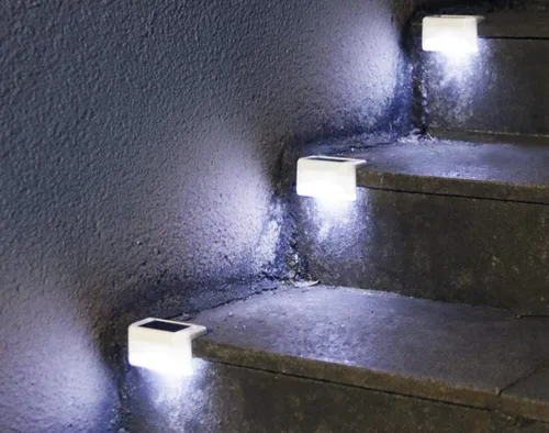Vista 7 de Luces solares para escaleras al aire libre, barandilla, poste de valla, camino, patio, 1 LED, pantalla blanca, paquete de 4