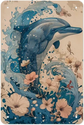 Abstract Dolphin with Flowers Metal Tin Sign Wall Decor Retro Sign for Home Living Room Bedroom Coffee Wall Decor Halloween Christmas Gifts 8x12Inch