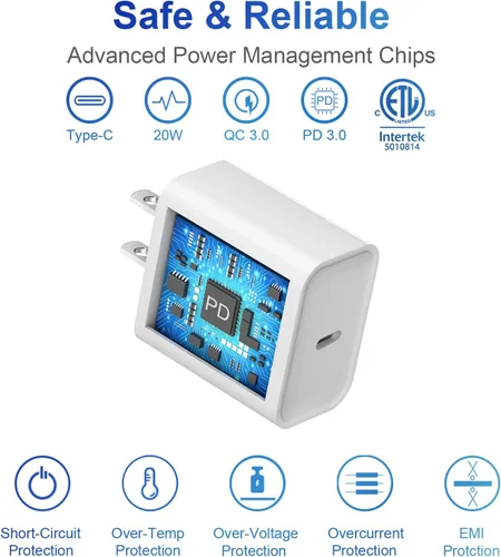 Vista 5 de Cargador súper rápido para iPhone 14, 13, 12, 11, paquete de 20 W, cargador de pared USB C rápido de 20 W, con cable de carga rápida de 6 pies