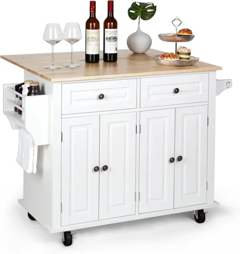 VOWNER Isla de cocina de 43 pulgadas de ancho con hoja caída, isla de cocina rodante con cajones, isla portátil con almacenamiento, carrito de Blanco