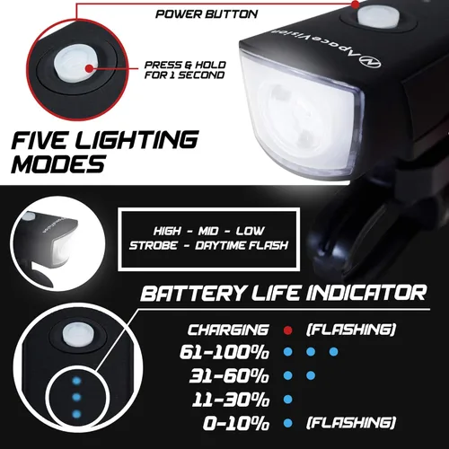 Vista 5 de Apace Vision XPRO-LUME - Luces de bicicleta recargables por USB, potentes 500 lúmenes, luz delantera de bicicleta - Super brillante IPX5 impermeable