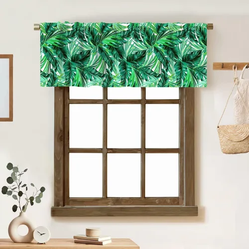 Vista 10 de Cortina de cenefa de hojas verdes tropicales, diseño de hojas de palmera, cenefa con bolsillo para barra, 1 panel, cortinas cortas para cocina
