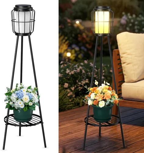 Vista 11 de MXwcy Lámpara de pie solar con soportes para plantas, luces solares para exteriores con bombillas LED Edison vintage, luces de jardín resistentes a