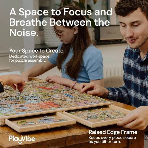 Vista 4 de PlayVibe Tablero de rompecabezas de 1000 piezas con cajones y cubierta, bandeja portátil de madera para rompecabezas con cajones, estación