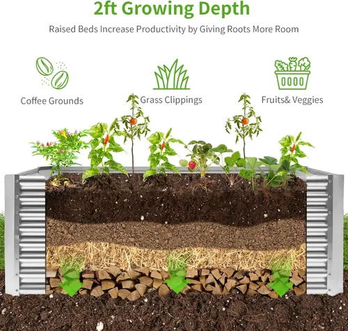 Vista 3 de Land Guard Cama de jardín elevada de metal galvanizado de 6×3×2 pies, caja de plantación elevada de raíz profunda de 2 pies, kit de cama de verduras