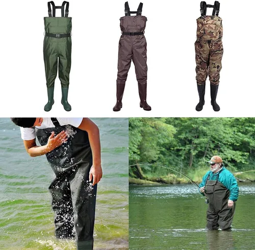 Vista 2 de Vadeadores de pecho con botas, de 2 capas de PVC/nailon, impermeables, para caza, pesca, camuflaje y pesca
