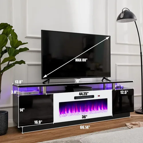 Vista 3 de AMERLIFE - Soporte de TV con chimenea de 36 pulgadas en blanco, centro de entretenimiento con chimenea moderna de 70 pulgadas con luces LED