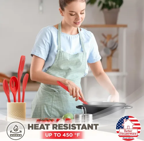 Vista 2 de Better Houseware Juego de utensilios de cocina de silicona, 5 piezas de utensilios de cocina de silicona roja, resistentes a las manchas y al olor