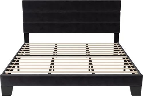 Vista 8 de Allewie Base de cama de plataforma tamaño King con cabecera tapizada de terciopelo y soporte de listones de madera, base de colchón totalmente Negro