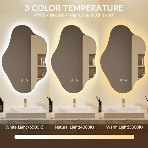 Vista 4 de Espejo de baño LED asimétrico con luces, espejo de pared de baño irregular, espejo de tocador para pared con retroiluminación/antiniebla/iluminación