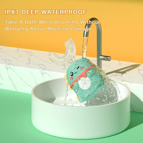 Vista 5 de Cepillo de dientes eléctrico en forma de U para niños pequeños con 5 cabezales de cepillo, cepillos de dientes ultrasónicos de dinosaurio de dibujos