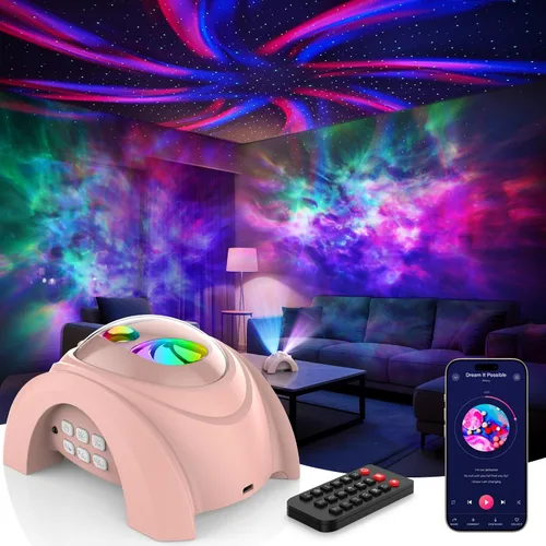 Vista 16 de Rossetta Proyector de estrellas, luz nocturna LED, proyector Aurora Galaxy con altavoz Bluetooth, ruido blanco, temporizador y control remoto