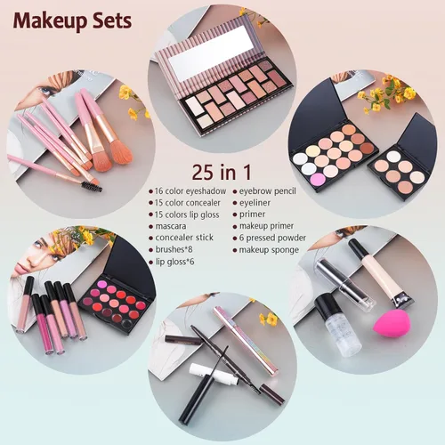 Vista 8 de Kit de maquillaje para mujeres, kit completo, set de maquillaje para niñas adolescentes, sombra de ojos, brillo de labios, lápiz labial, brochas