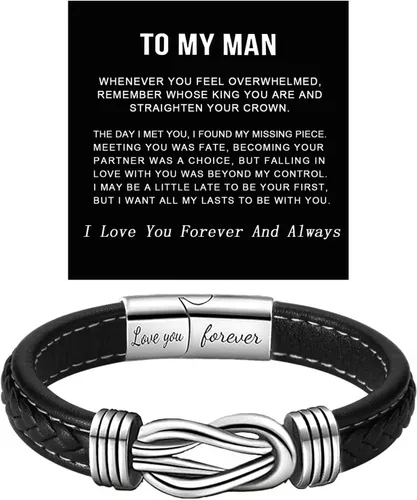 Vista 13 de Pulsera de cuero infinito con texto en inglés «To My Man», «Love You Forever and Forever» («To My Man»)
