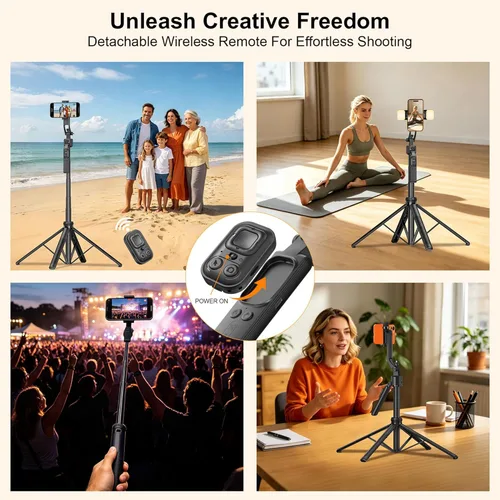 Vista 6 de 63" Tripod for iPhone with Light Remote, Detachable Phone Holder, Auto Face Tracking Tripod for Travel, Lightweight Selfie Stick Tripod for Video