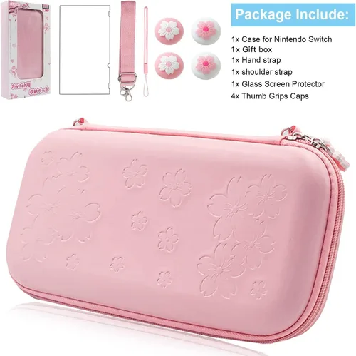 Vista 7 de HLRAO Bolsa rosa compatible con Nintendo Switch carcasa dura Sakura bolsa de almacenamiento portátil sólida a prueba de golpes con protector